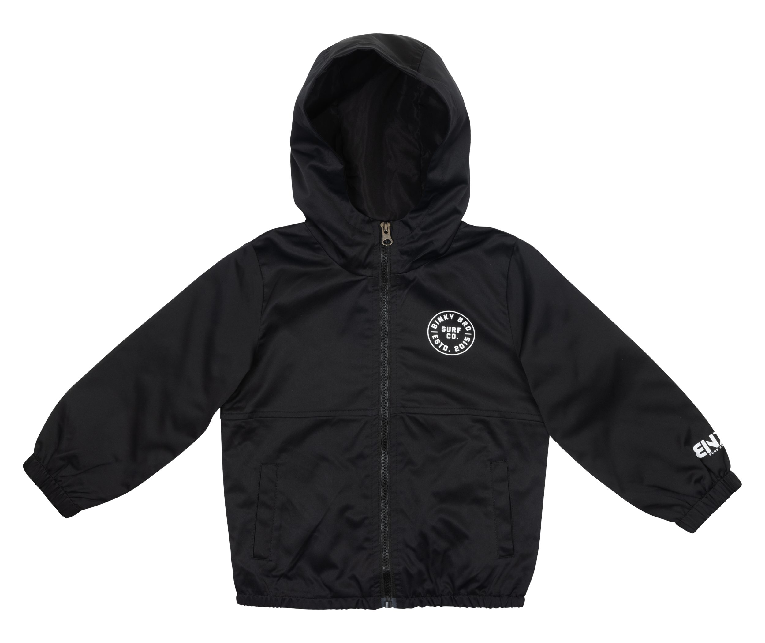 Stylish black skate jacket with a hood, featuring a logo on the chest and sleeve, perfect for active youth.