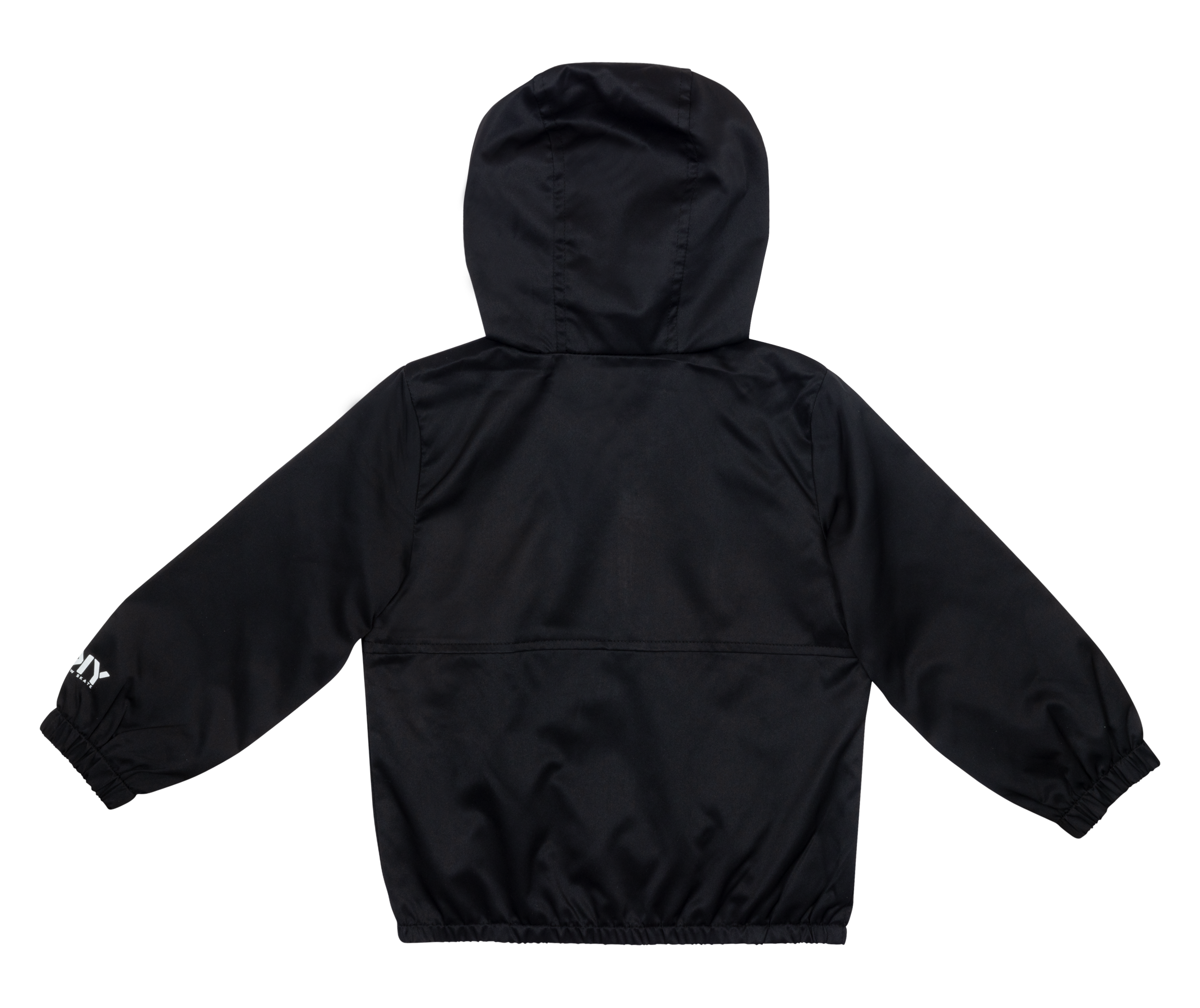 Black skate jacket with a hood and elastic cuffs, designed for active youth. Ideal for outdoor adventures.