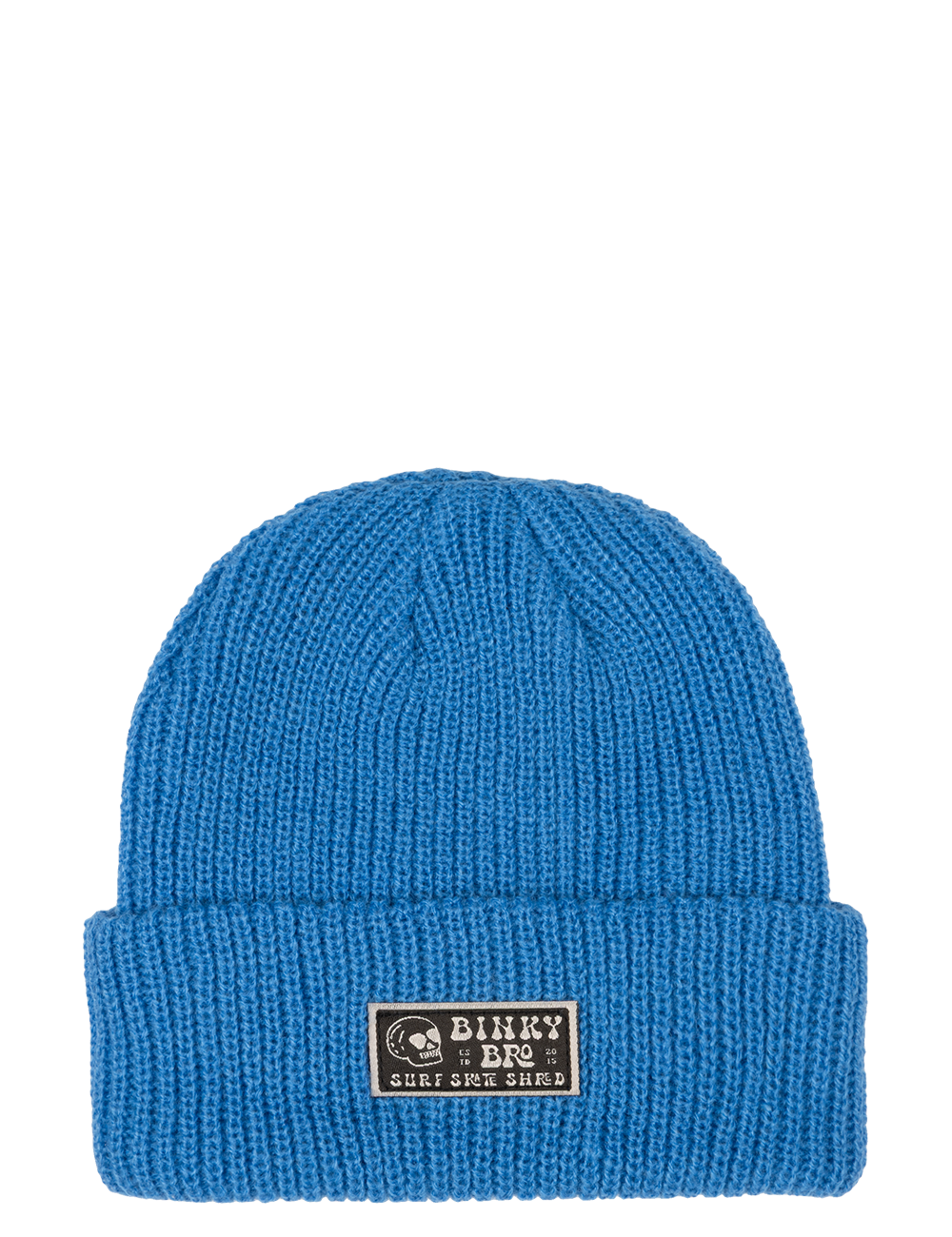 Neon blue beanie hat with a ribbed texture and a stitched logo patch from BinkyBro for stylish kids.