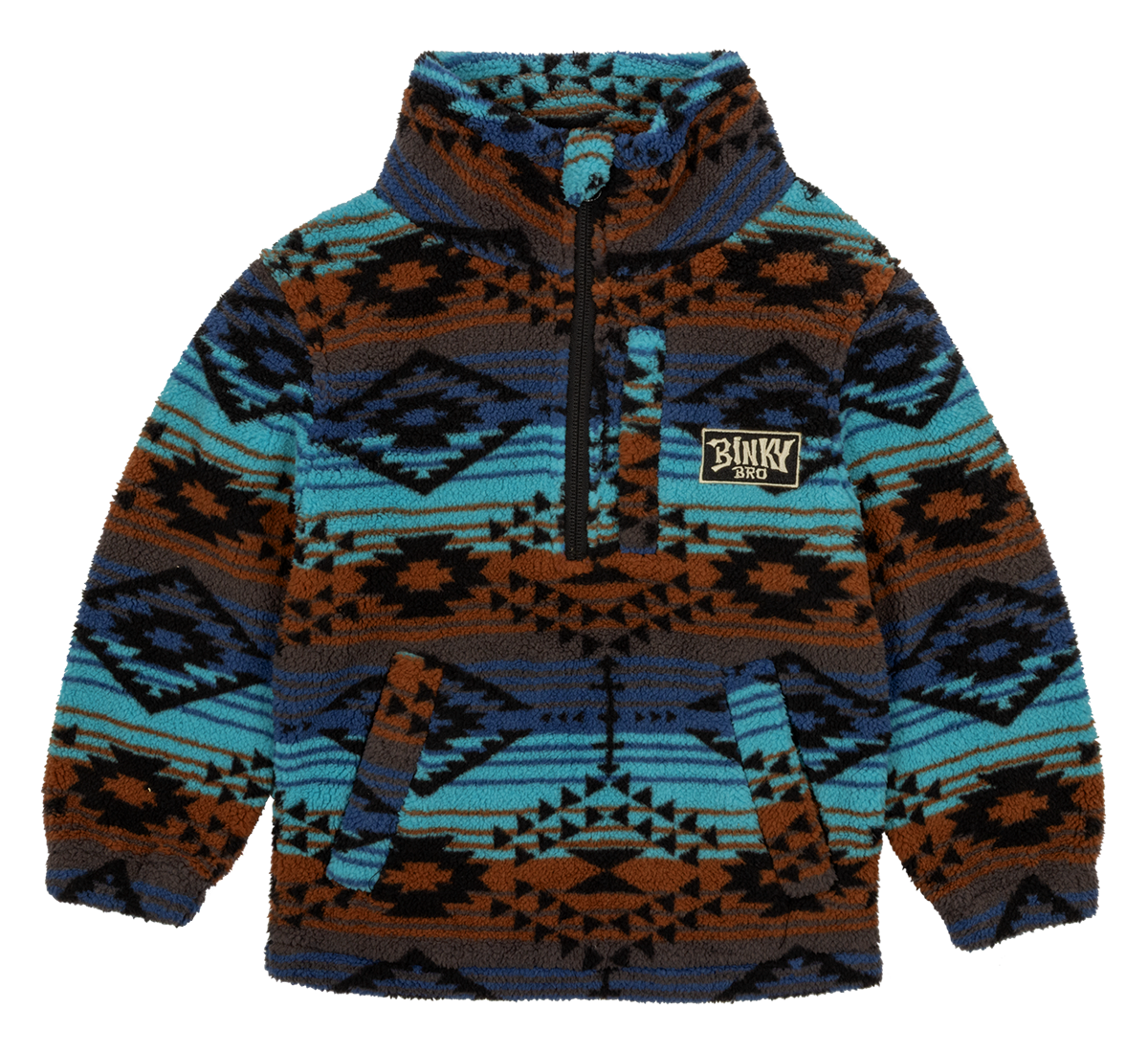 Cozy luxury fleece pullover with a vibrant geometric pattern in blue, brown, and black, featuring a front pocket and BinkyBro logo.
