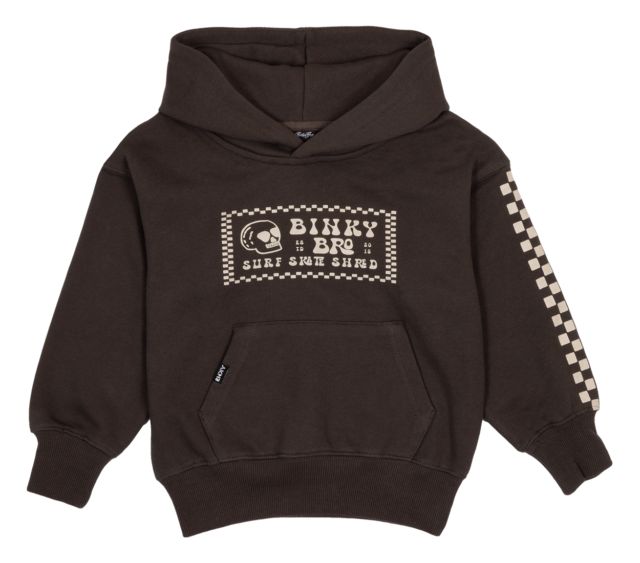 Brown hoodie featuring a checkerboard design and "Binky Bro" graphic, perfect for stylish kids who love surf and skate culture.