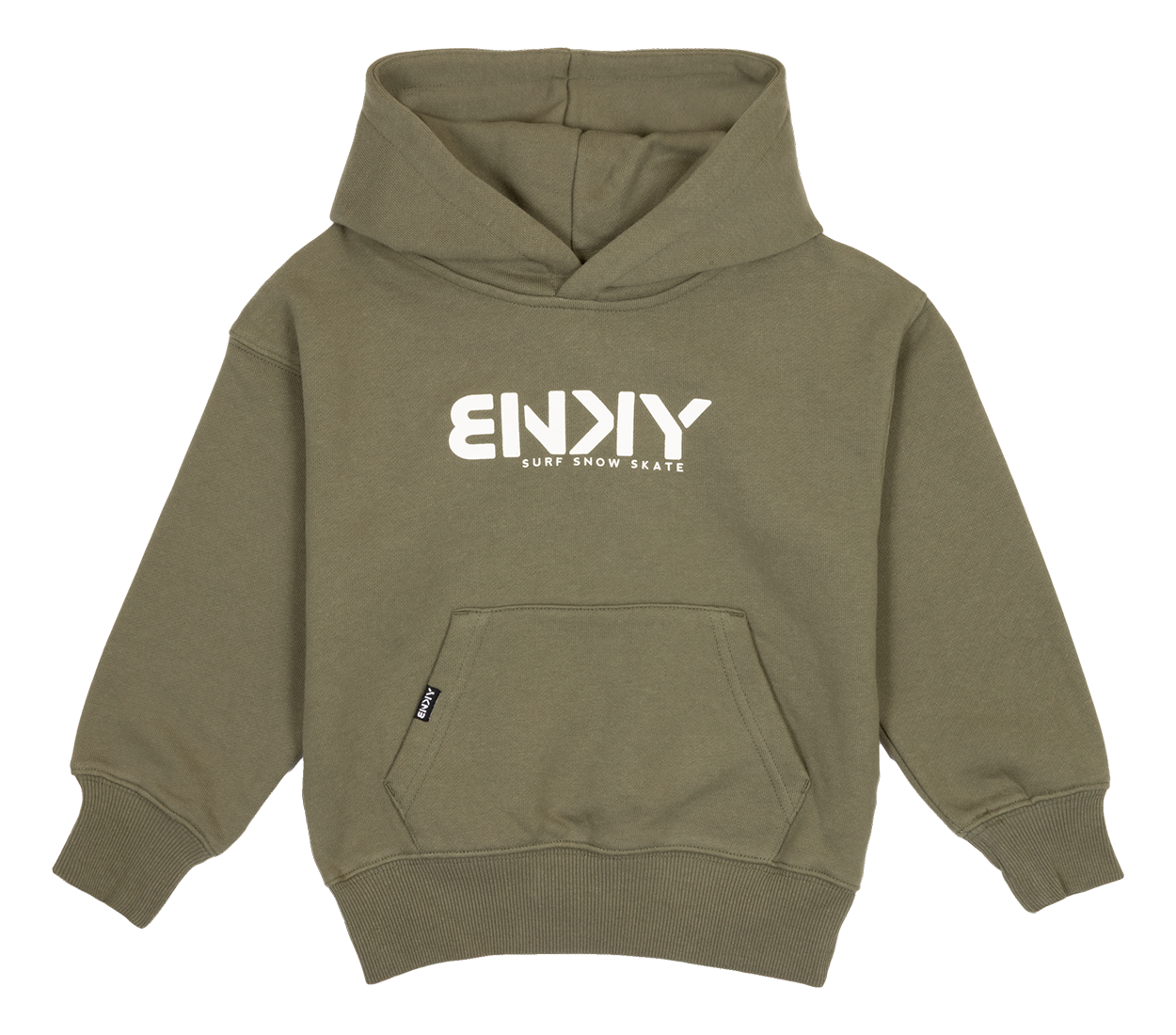 Stylish green hooded sweatshirt for kids featuring a front pocket and bold BNKY logo, perfect for surf and skate enthusiasts.