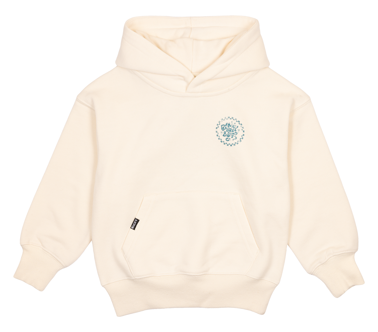 Cream-colored hoodie featuring a front pocket and a circular logo design on the chest, perfect for kids' casual wear.