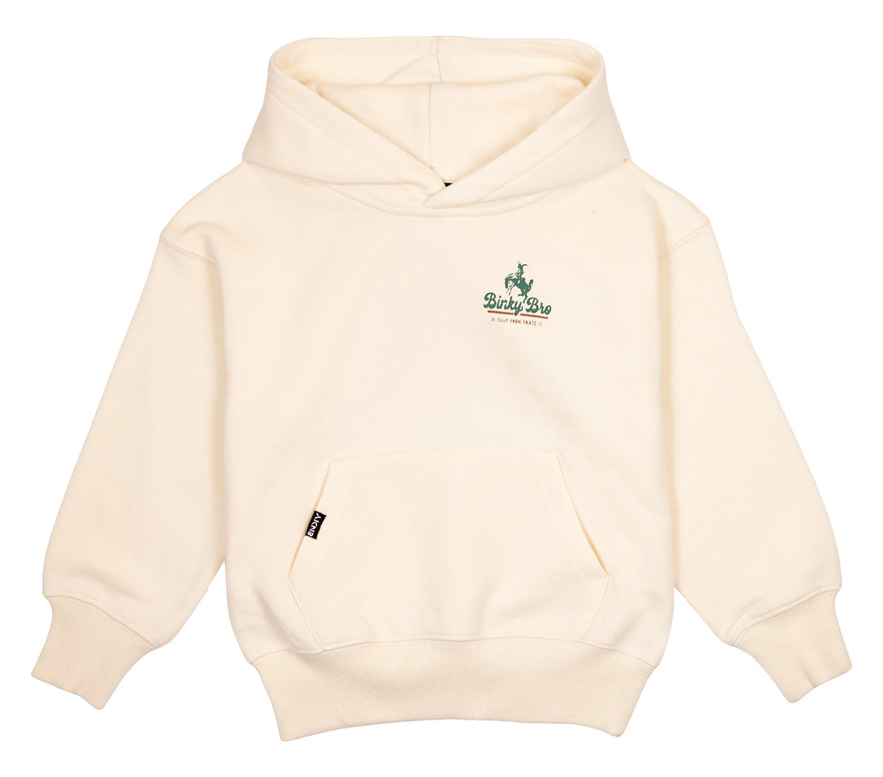 Cream-colored hoodie for kids featuring a front pocket and a green BinkyBro logo, perfect for stylish, active youth.