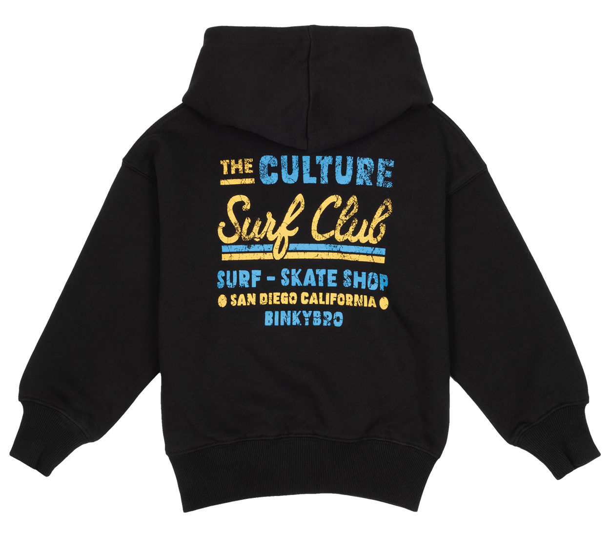 Black hoodie featuring "The Culture Surf Club" graphic in vibrant blue and yellow, perfect for surf and skate enthusiasts.