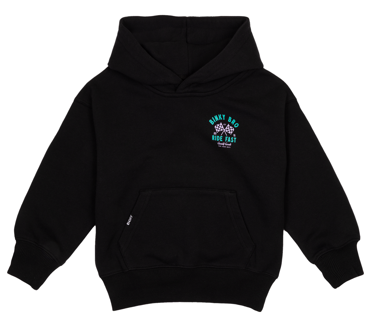 Black hoodie featuring a graphic that reads "Ride Fast" with a racing-inspired design, perfect for stylish kids.