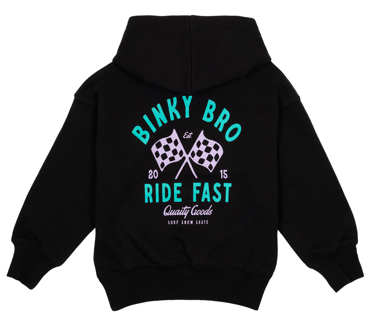 Black hoodie featuring a racing-themed design with checkered flags and the text "Binky Bro Ride Fast Quality Goods.