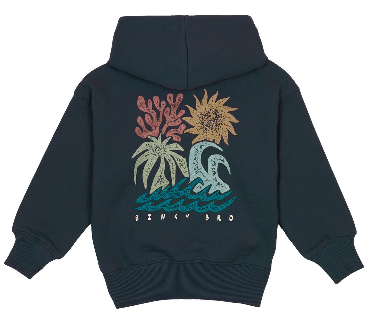 Navy hoodie featuring a colorful beach scene with waves, sun, and coral designs, perfect for stylish young adventurers.