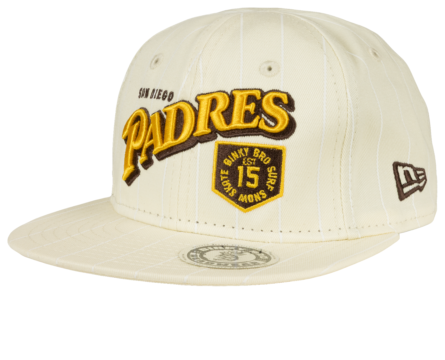 Cream snapback hat featuring San Diego Padres logo and pinstripe design, perfect for stylish kids and young fans.