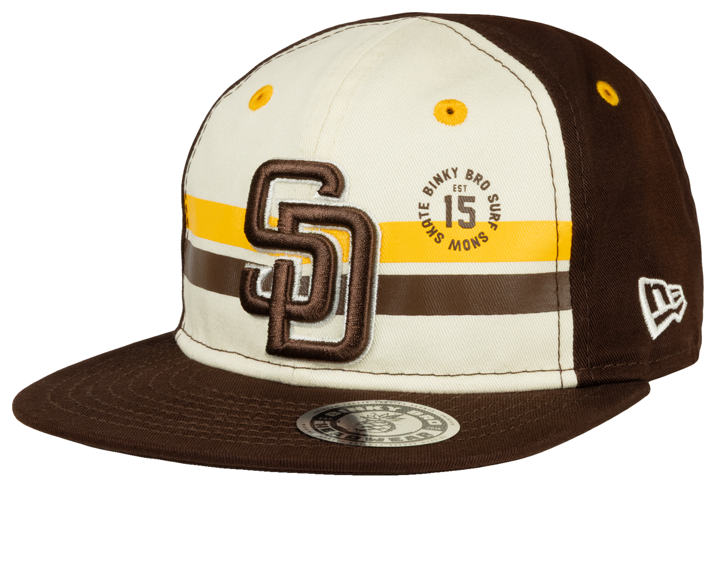 Stylish snapback hat featuring a cream and brown color scheme, with San Diego logo and striped accents. Perfect for kids.