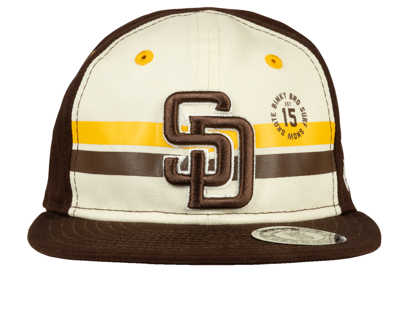 Stylish snapback hat featuring San Diego design with yellow and brown stripes, perfect for kids embracing surf-snow-skate culture.