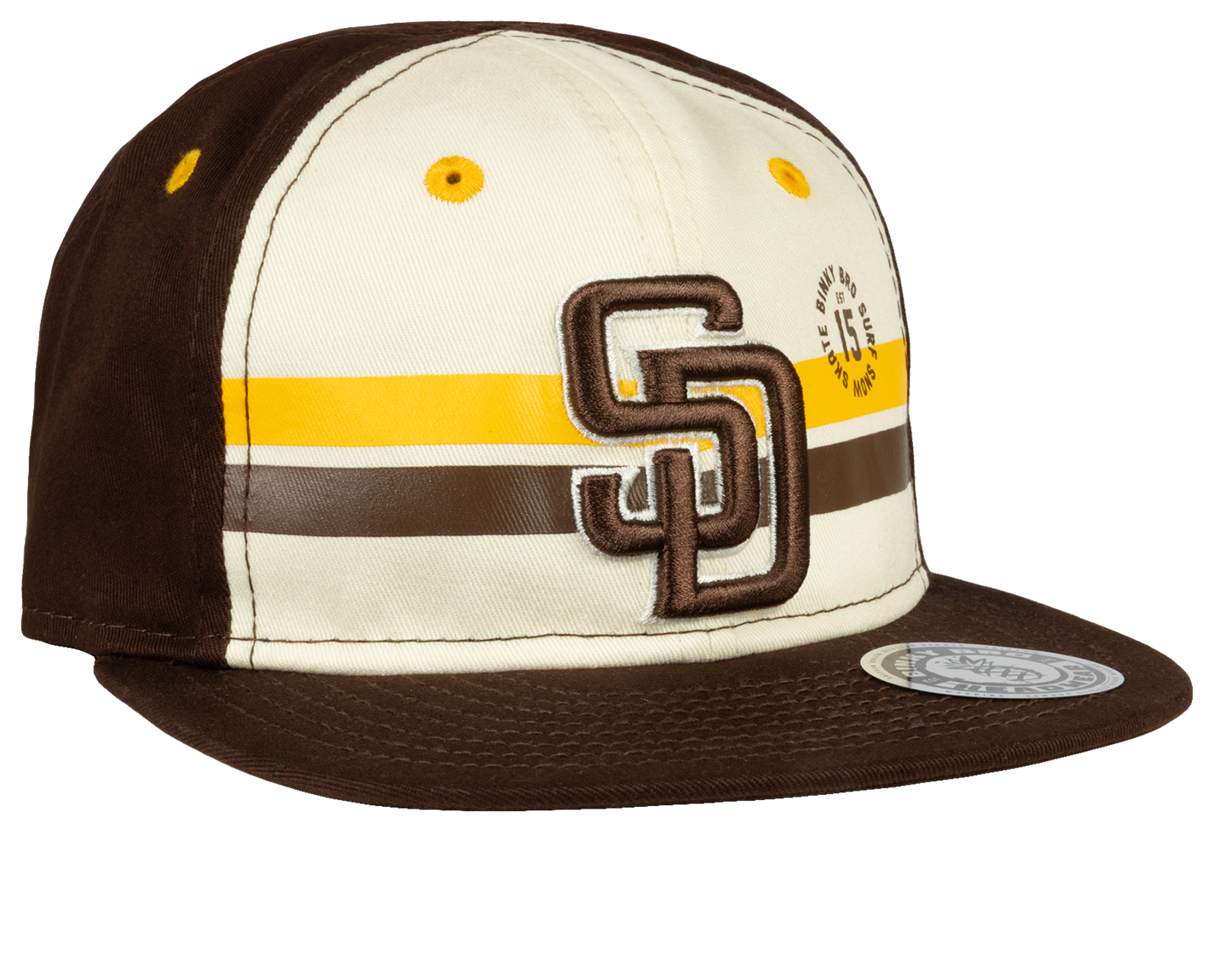 Stylish brown and cream snapback cap featuring the SD logo and striped design, perfect for young fans.
