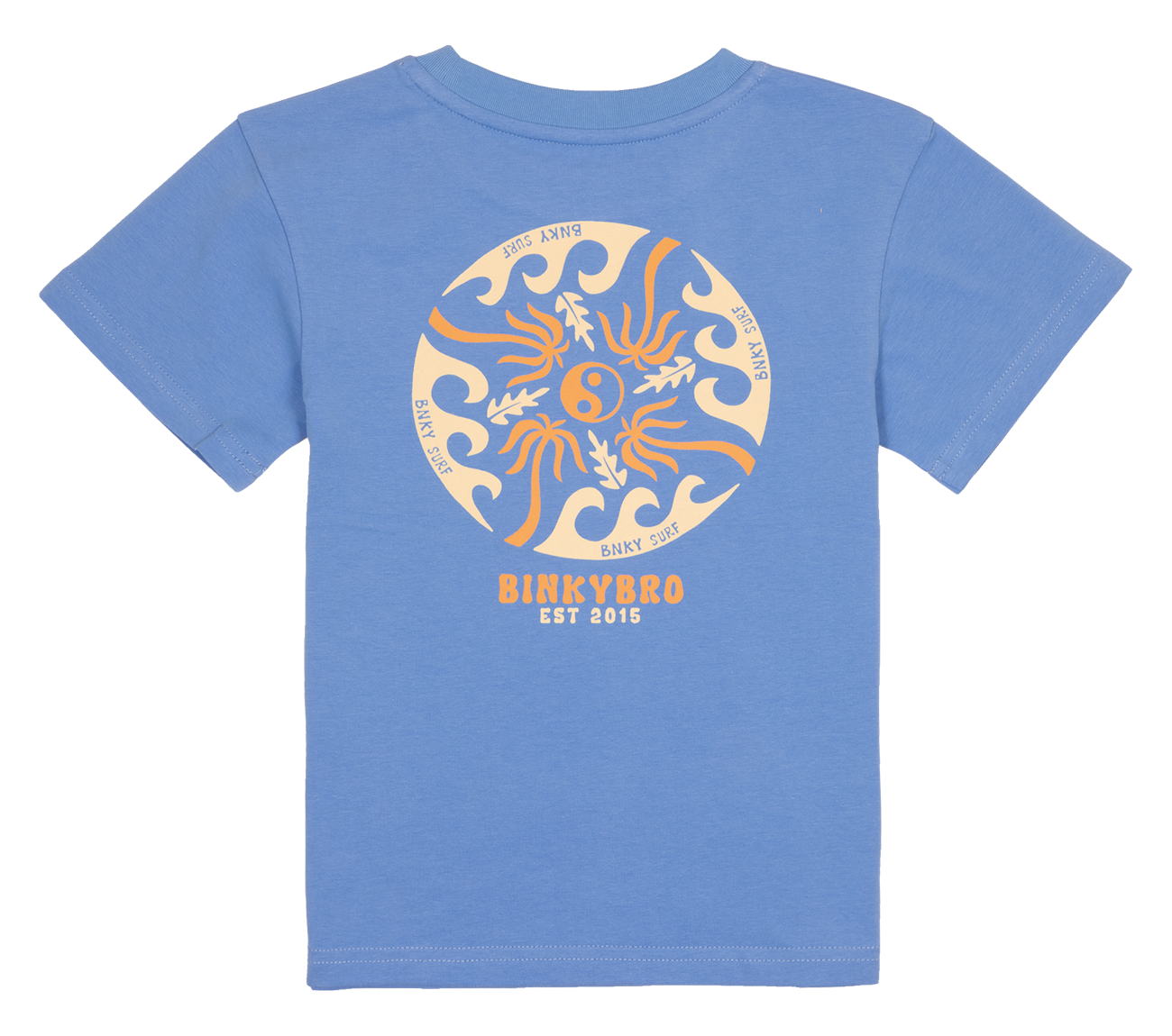 Blue t-shirt featuring a circular sun and wave design with "BinkyBro" and "Est 2015" text on the back.