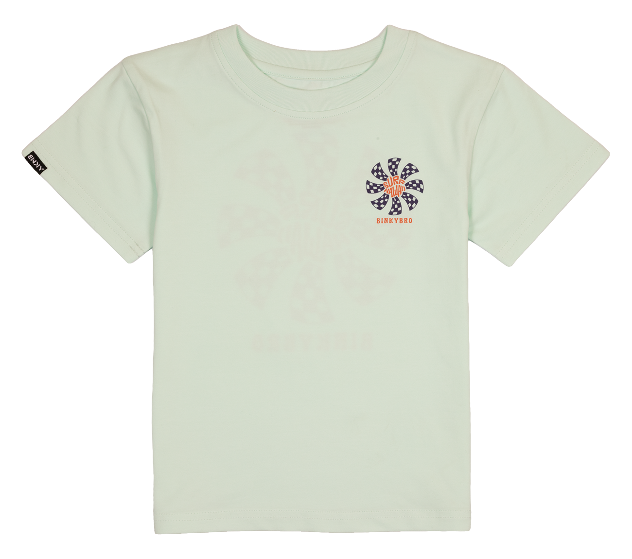 Light mint green t-shirt featuring a colorful windmill graphic, designed for infants and toddlers, embodying a surf-snow-skate lifestyle.