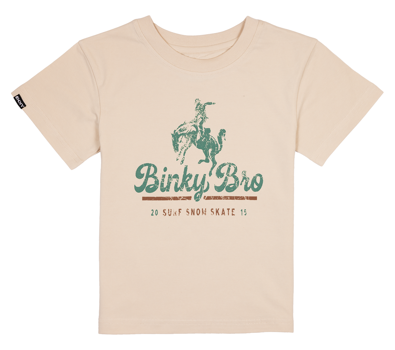 Light beige t-shirt featuring a vintage-style graphic of a cowboy on a horse with "Binky Bro" text, perfect for kids.