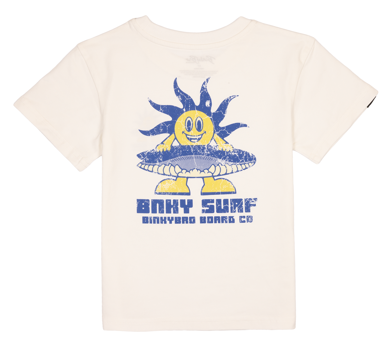 White youth t-shirt featuring a colorful sun character with a surfboard, promoting a fun, surf-inspired lifestyle.