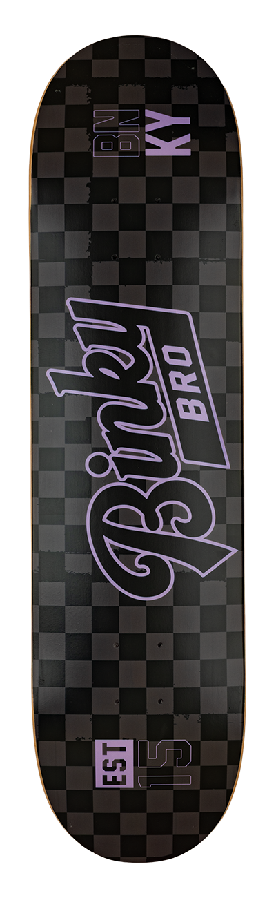 Black and purple checkerboard skateboard deck featuring the BinkyBro logo and established year, designed for stylish youth riders.
