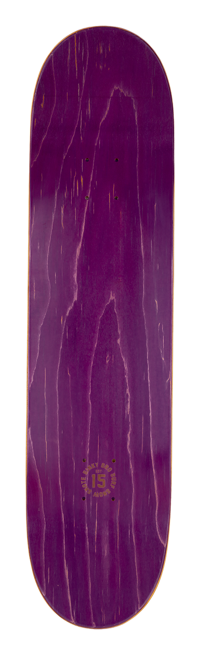 Purple skateboard deck with a smooth finish, featuring a minimalist design and logo at the bottom. Ideal for young skaters.