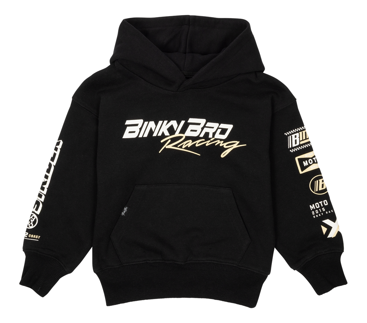 Black BinkyBro Racing Hood featuring a front pocket and bold graphics on the sleeves, designed for stylish young racers.