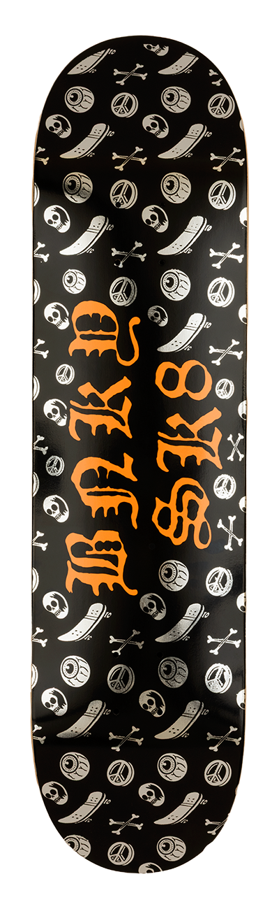 Black skateboard deck featuring a unique pattern of skulls, bones, and skate-related graphics in silver and orange.