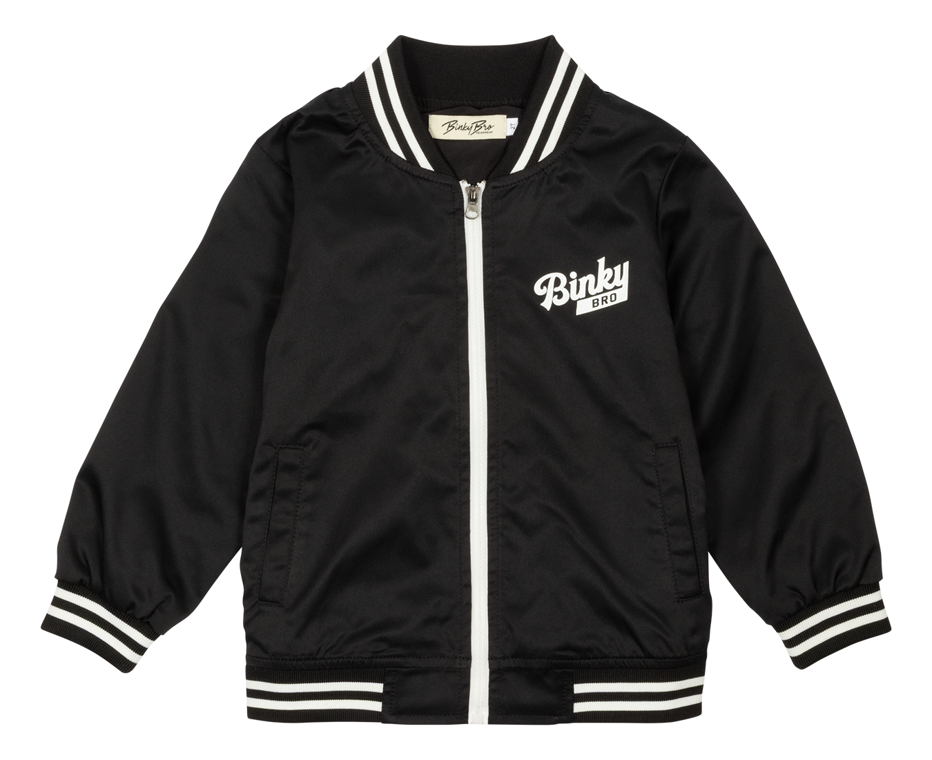 Black zip-up jacket with white stripes and BinkyBro logo, designed for infants and toddlers, stylish and comfortable.