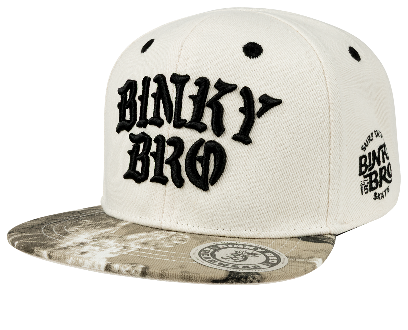 Stylish Durban SB snapback hat featuring bold BinkyBro logo and a unique patterned brim, perfect for kids' surf-snow-skate style.
