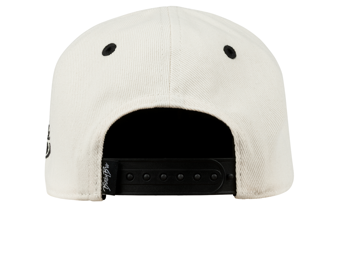 Back view of a white Durban snapback hat featuring a black adjustable strap and ventilation holes.