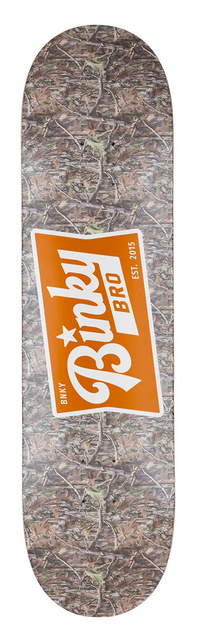 Skateboard deck featuring a camouflage design with a bold orange BinkyBro logo, perfect for stylish young skaters.