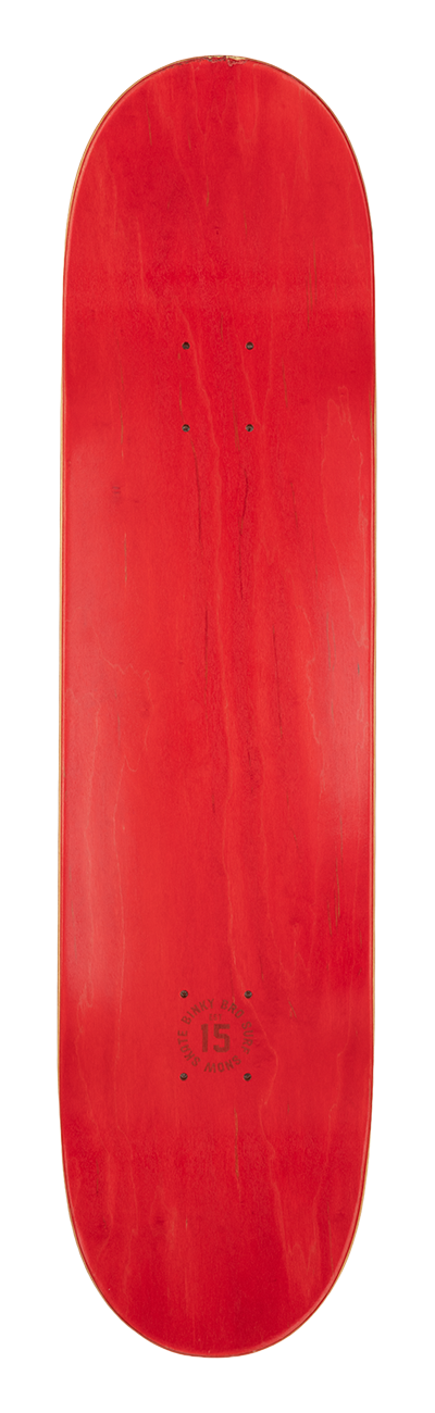 Red skateboard deck featuring a smooth finish and no graphic design, ideal for customizing or personal use.