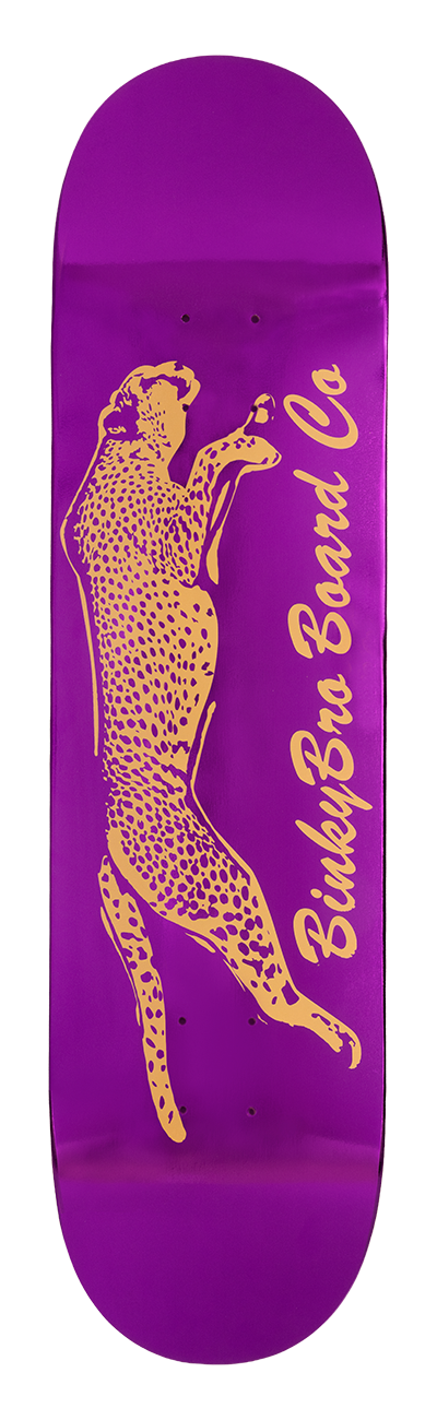 Purple skateboard deck featuring a leaping leopard graphic and "BinkyBro Board Co" text in yellow. Ideal for stylish young skaters.