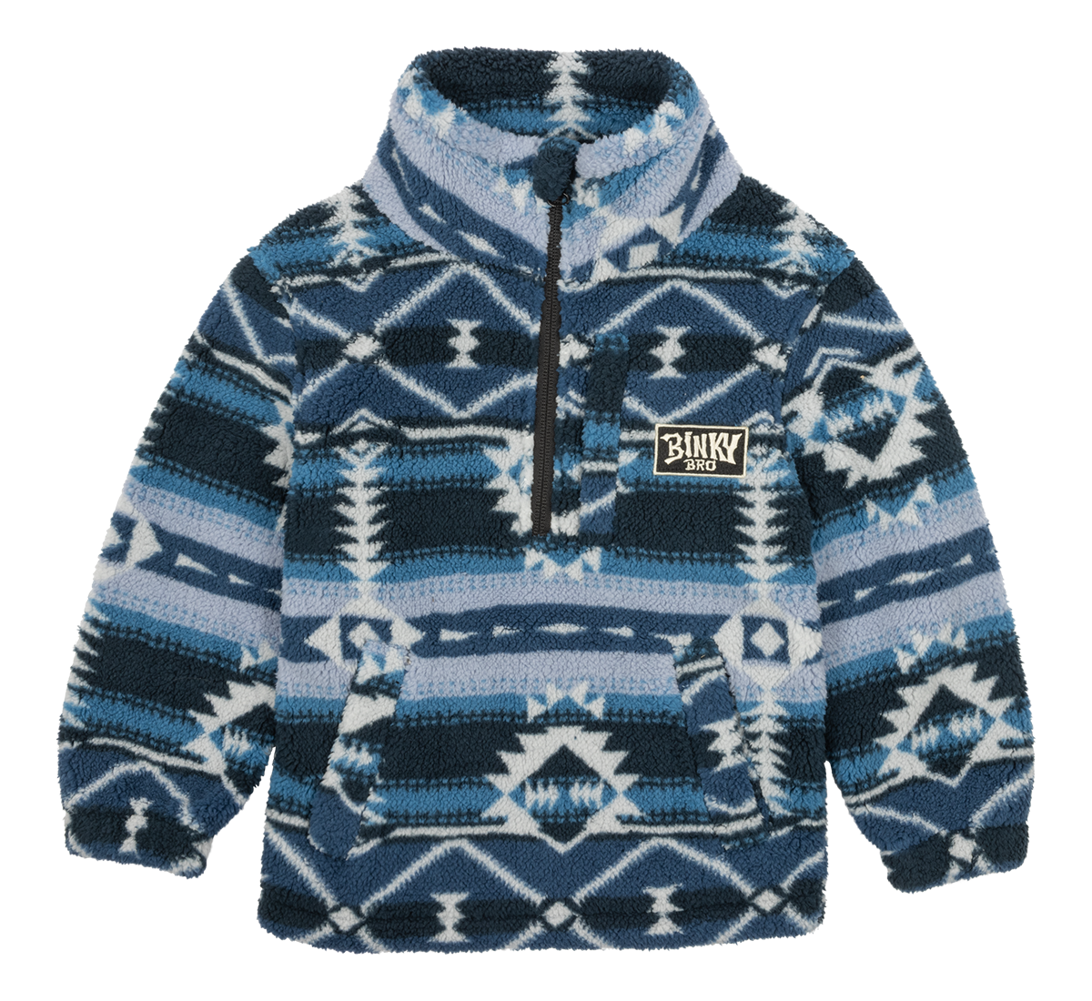Cozy luxury fleece pullover in blue geometric patterns with a half-zip and front pocket, perfect for kids' outdoor adventures.