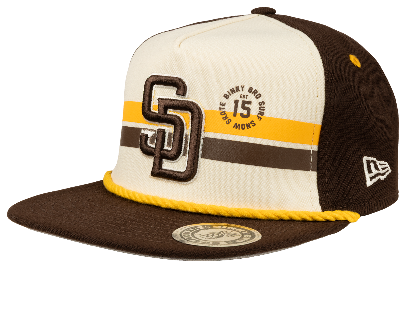 Stylish brown and cream snapback cap featuring San Diego logo and striped design, perfect for kids' surf-snow-skate lifestyle.