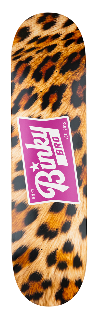 Stylish skateboard deck featuring a vibrant leopard print design and bold BinkyBro logo, perfect for young skaters.