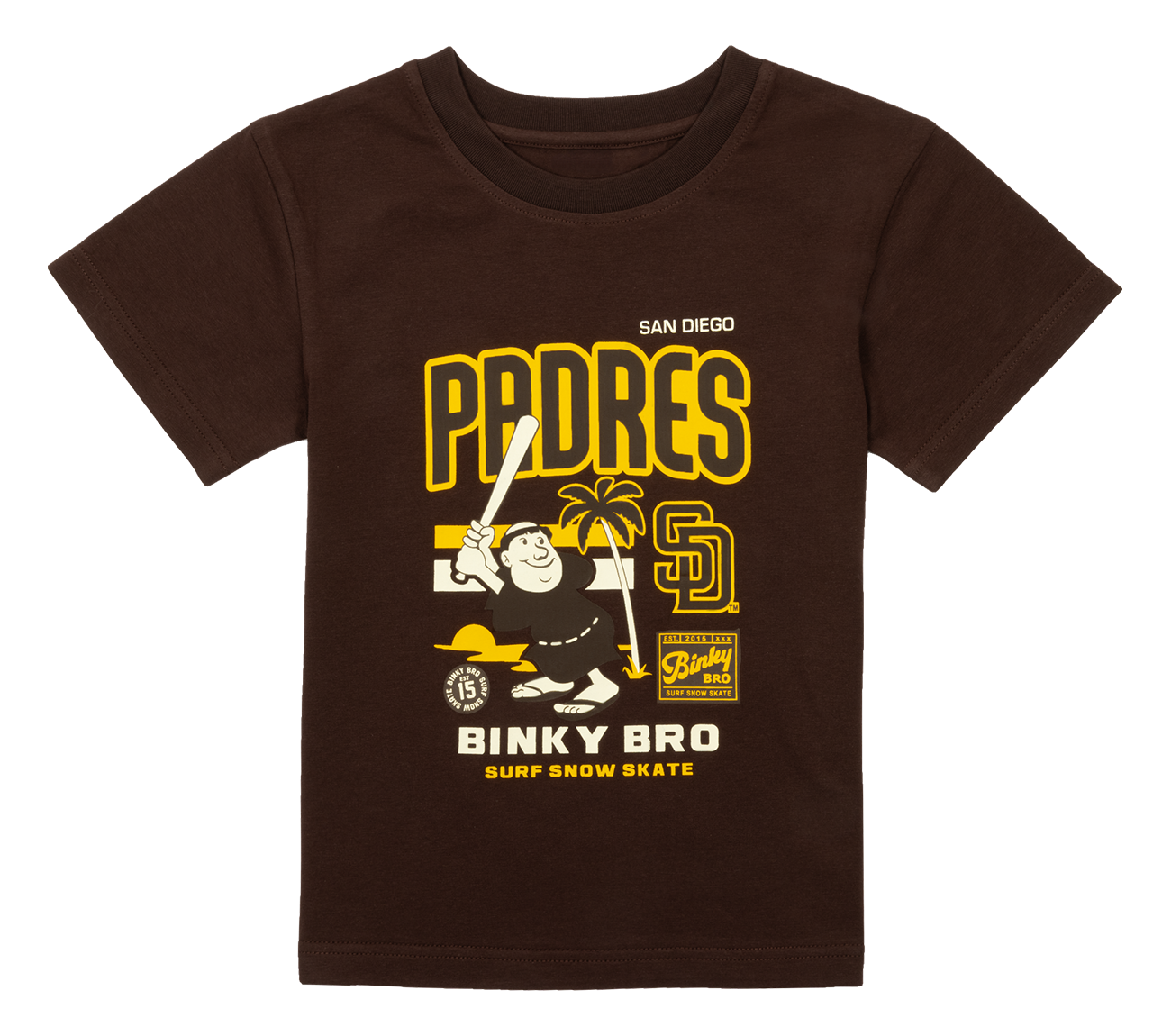 Brown Padres Friar shirt featuring a playful graphic of the Friar mascot with palm trees and surf elements. Perfect for kids.