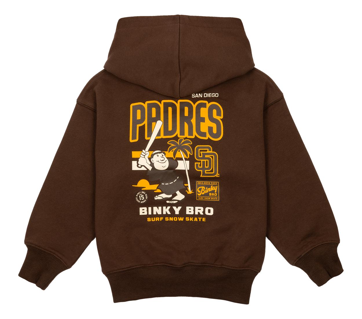 Brown Padres Friar hoodie featuring a playful graphic of the Friar mascot, perfect for kids embracing surf-snow-skate style.