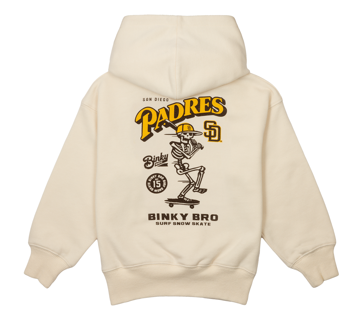 Cream-colored hoodie featuring a skeleton baseball player graphic with "Padres" text and Binky Bro branding.