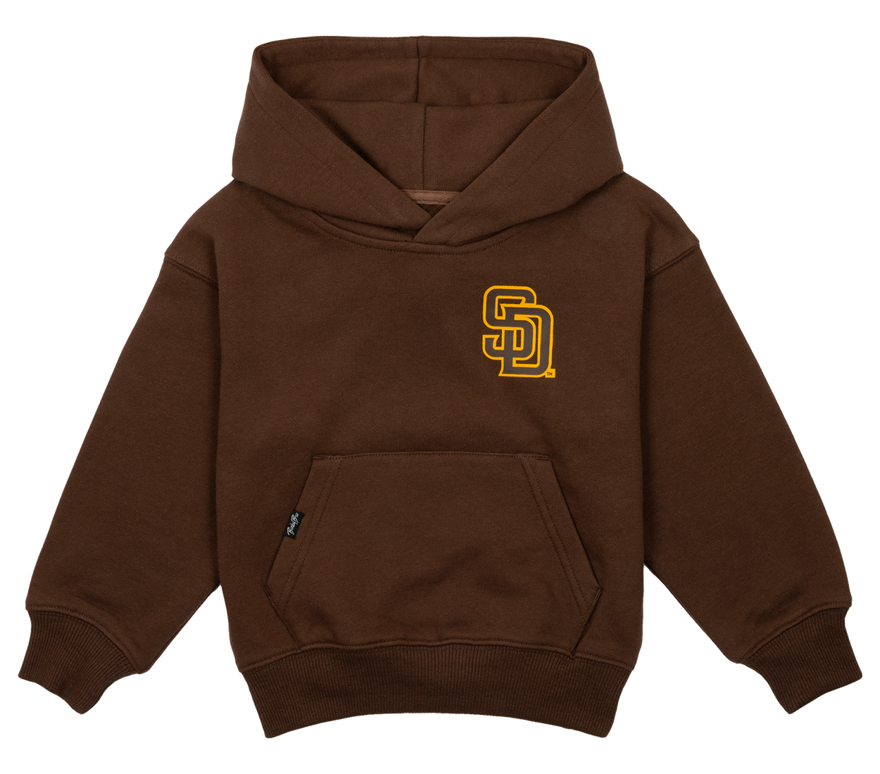 Brown hooded sweatshirt for kids featuring a San Diego Padres logo on the chest and a front pocket.