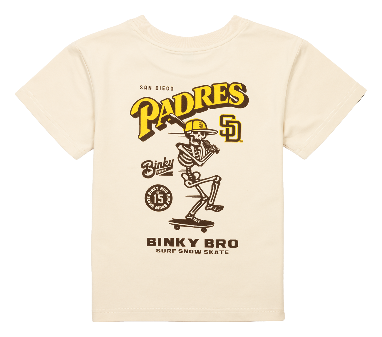 Cream-colored shirt featuring a skeleton skateboarding with "Padres" and "Binky Bro" graphics, perfect for young fans.