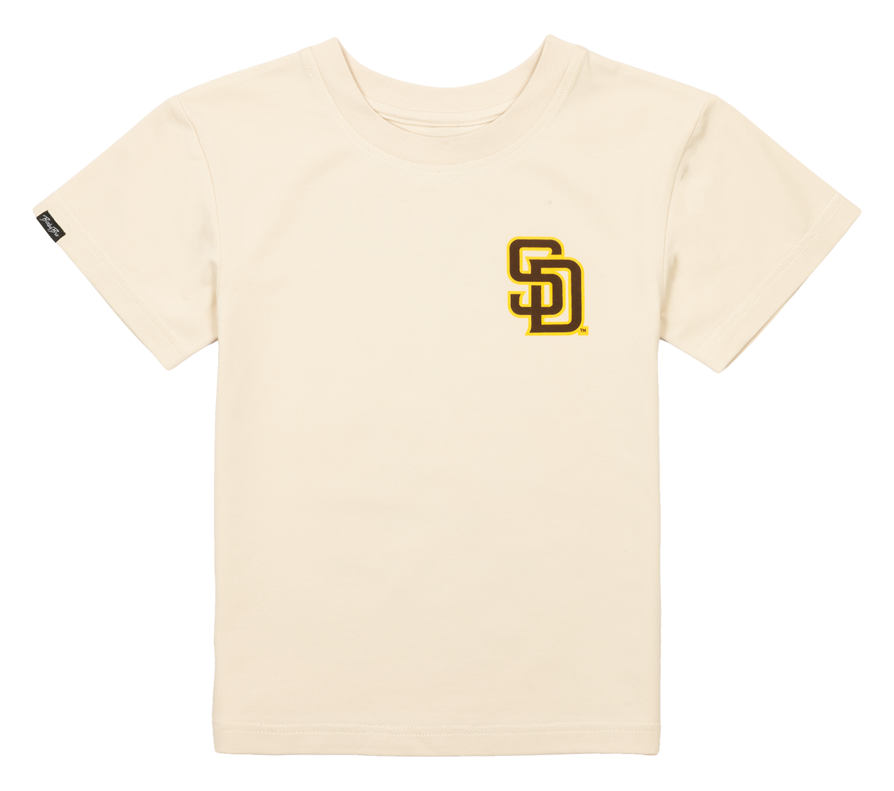Cream-colored t-shirt featuring a San Diego Padres logo in yellow and brown on the left chest, perfect for young fans.