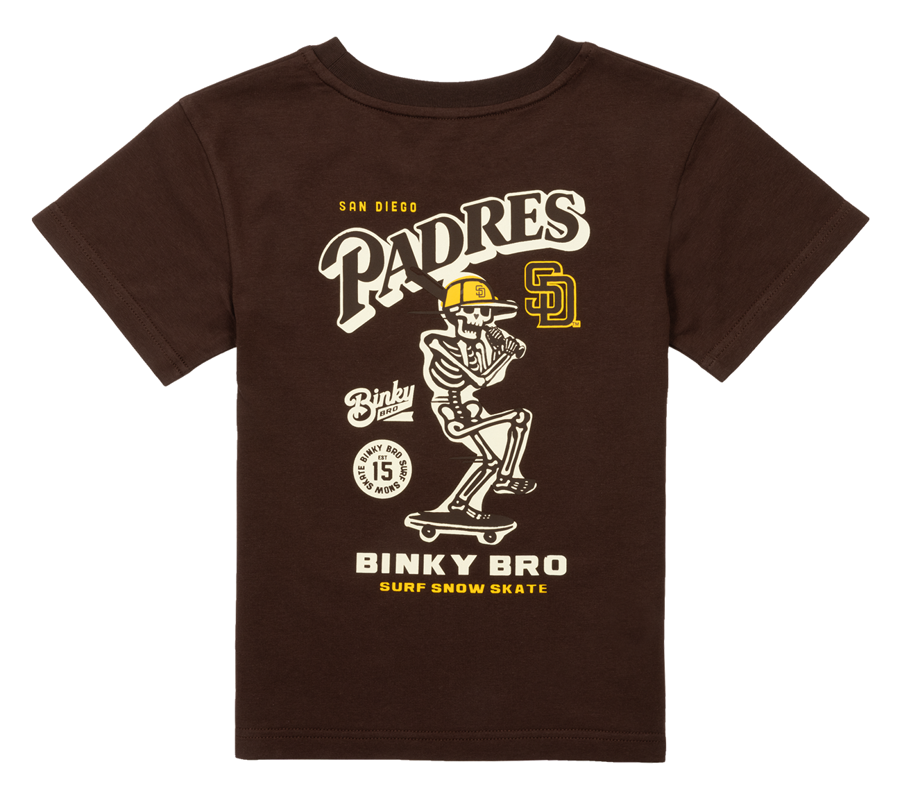 Brown Padres Skelly Shirt featuring a skeleton skateboarding with San Diego Padres graphics, perfect for kids' casual wear.