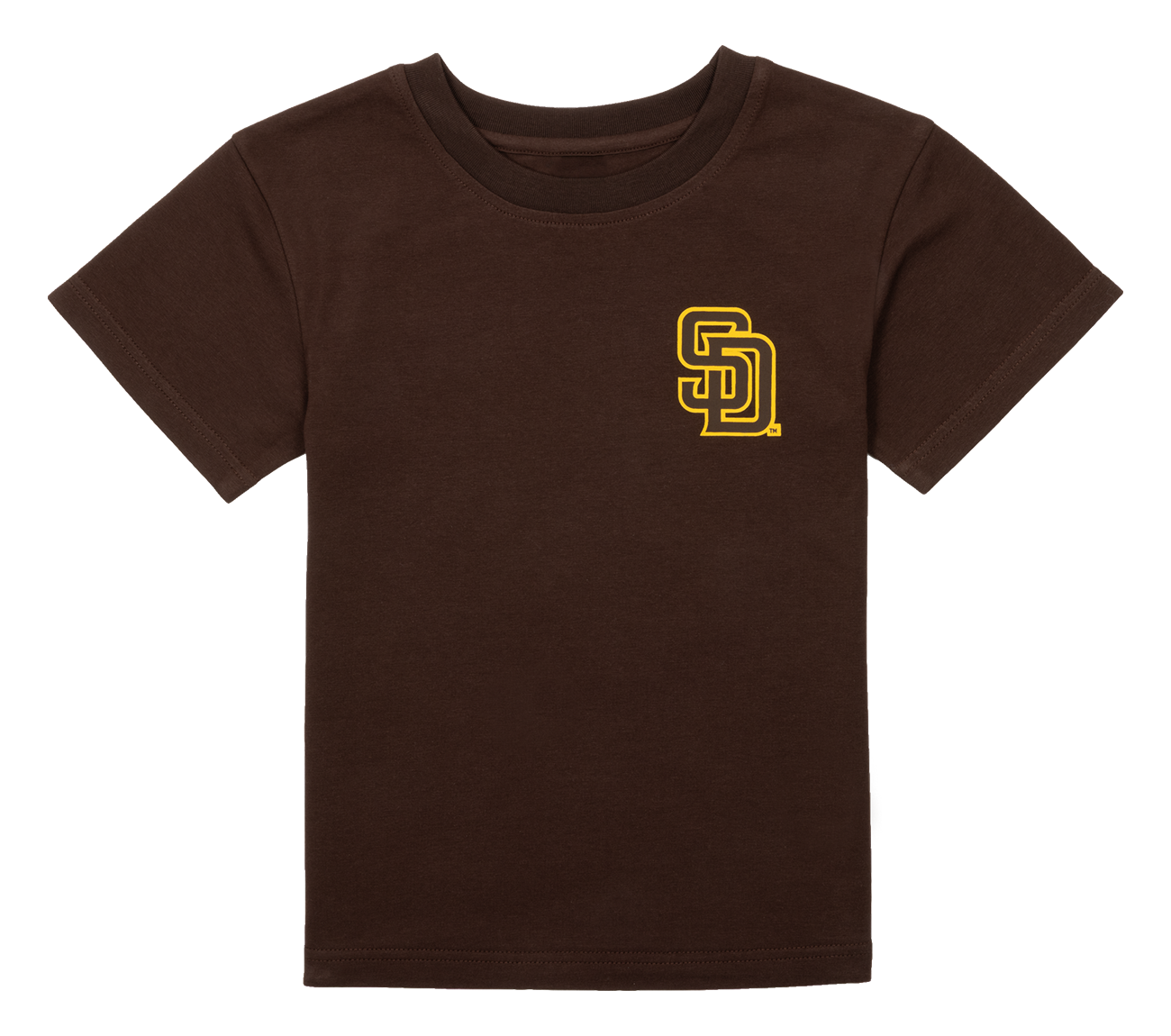 Brown Padres Skelly shirt featuring a yellow San Diego logo on the chest, designed for kids' stylish casual wear.