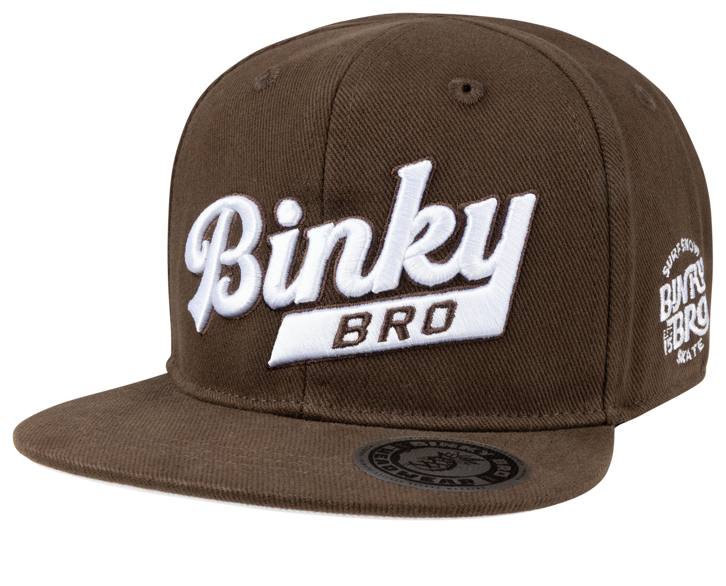 Brown snapback hat featuring bold white "Binky Bro" logo and side emblem, designed for stylish kids' apparel.