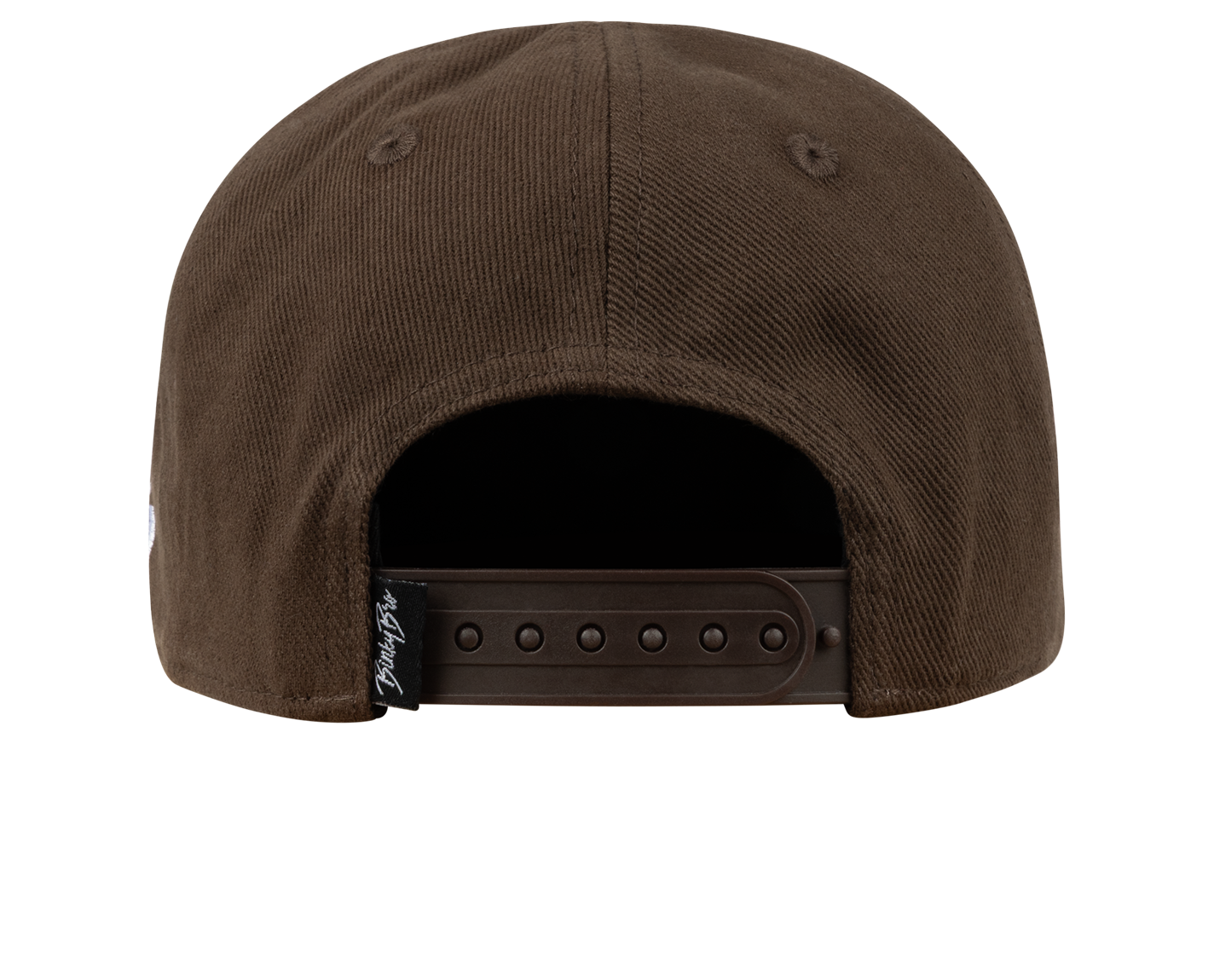 Back view of a brown snapback hat featuring a smooth adjustable strap and subtle branding, perfect for stylish kids.