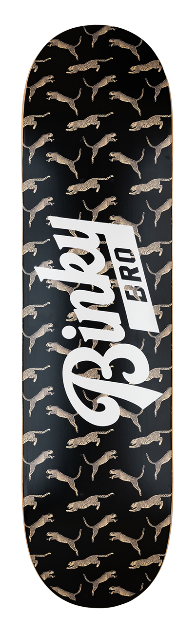 Stylish skateboard deck featuring a black background with a unique leopard print design and bold "BinkyBro" logo.