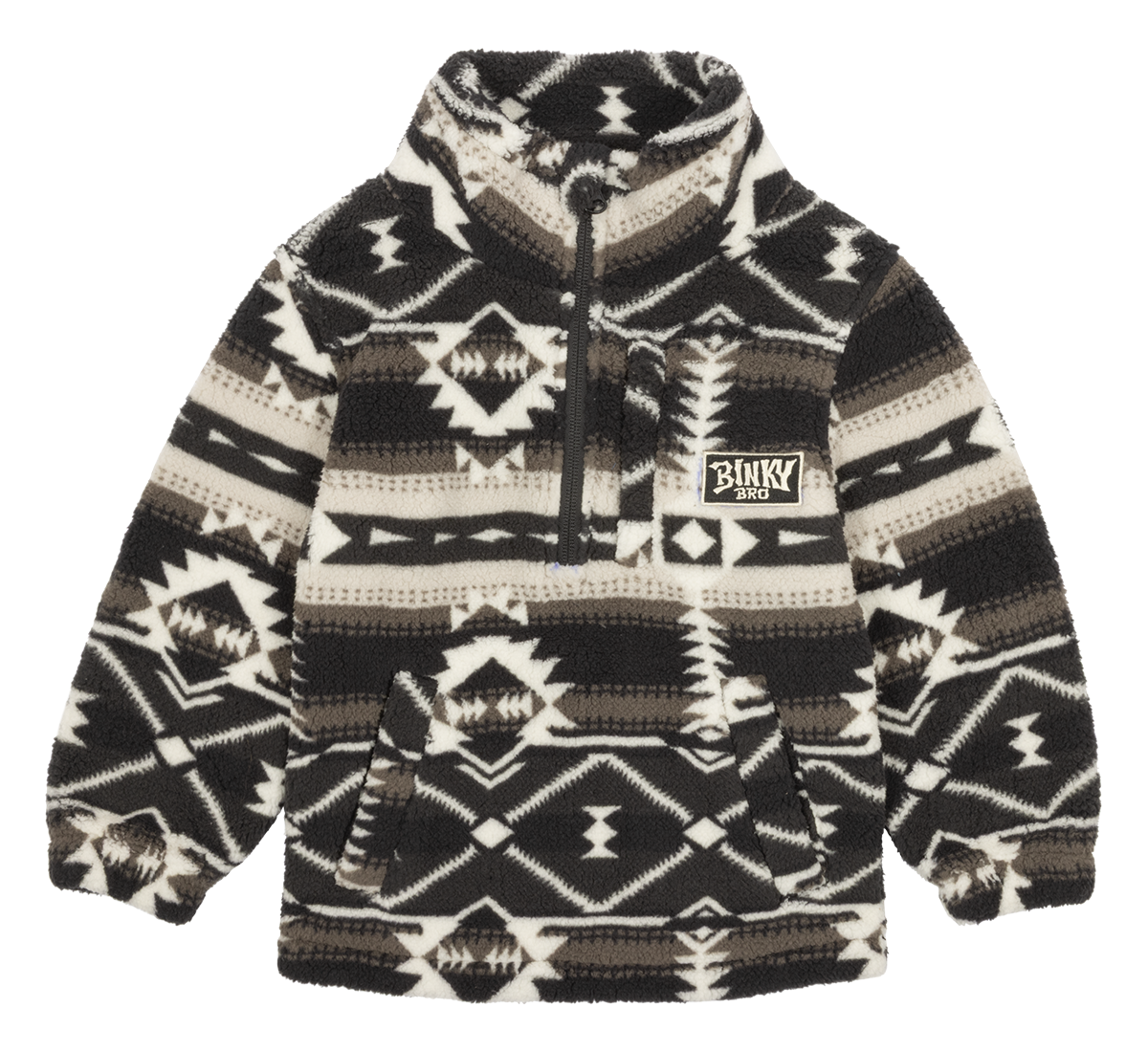 Cozy luxury fleece pullover with a stylish tribal pattern, featuring a half-zip and front pocket for kids.