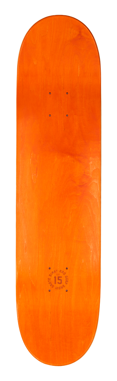 Orange skateboard deck featuring a smooth finish and a circular logo at the bottom, ideal for skate enthusiasts.