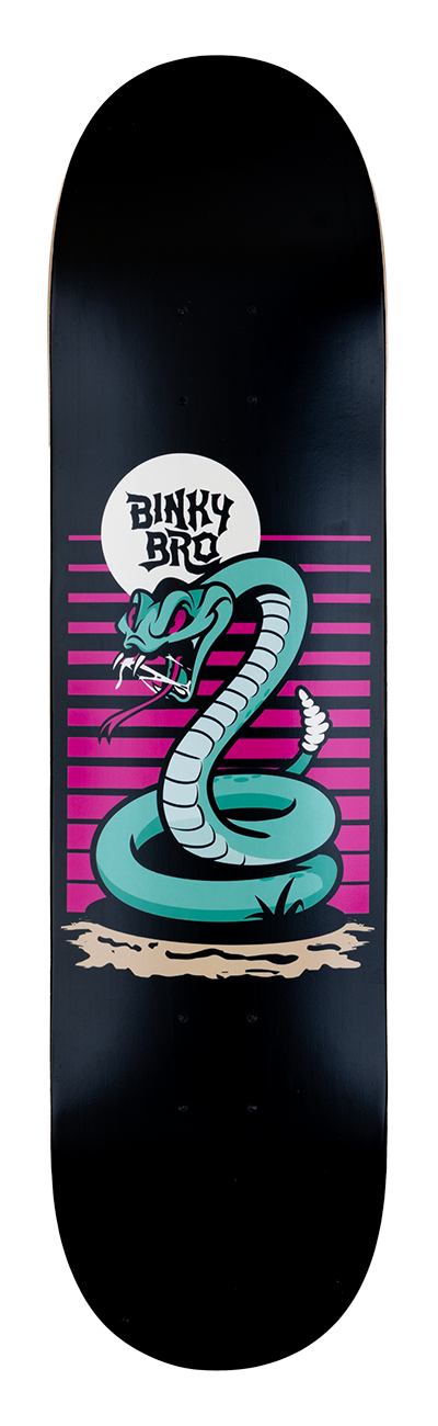 Black skateboard deck featuring a vibrant graphic of a snake with a pink and purple striped background, branded with BinkyBro.