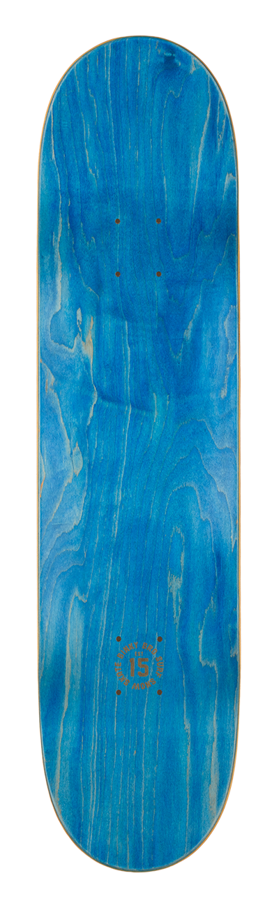 Blue wooden skateboard deck with a smooth finish, showcasing a natural wood grain pattern. Ideal for stylish young skaters.